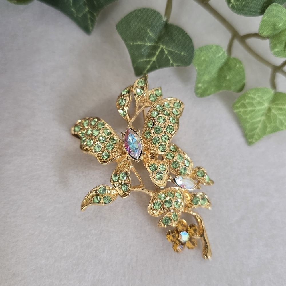 Gold Butterfly On Branch Brooch Pin / Pendant